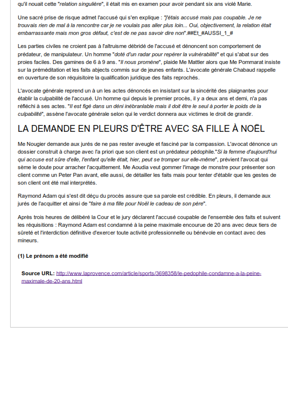 Assises du Vaucluse _ le pdophile condamn  la peine maximale de 20 ans