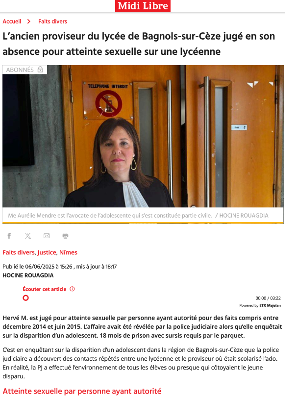 Lancien proviseur du lyce de Bagnols-sur-Cze jug en son absence pour atteinte sexuelle sur une lycenne